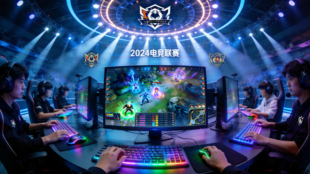 电竞比赛舞台灯光下的选手席位与大屏幕画面